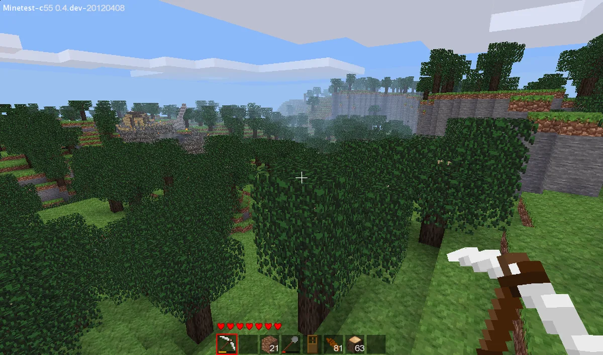Paysage voxel généré par le moteur Minetest Luanti avec éclairage dynamique